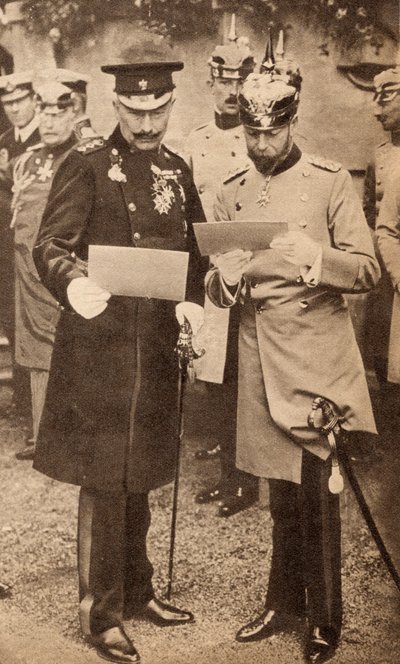 Koning George V en Kaiser Wilhelm II bespreken operationele bevelen in Duitsland, 1913 (illustratie uit 